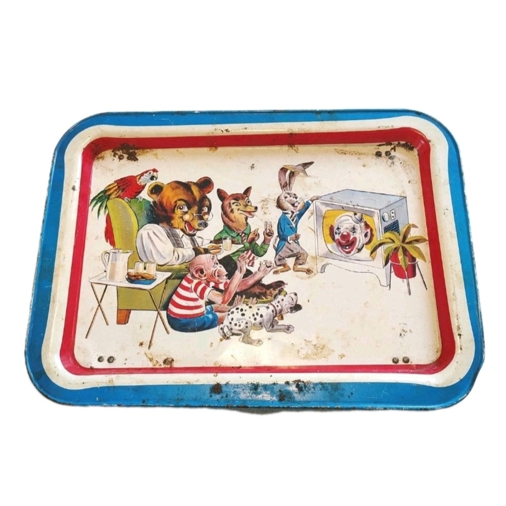 Vintage Mid Century Retro TV Tray Aluminum Folding Cartoon Animal Kitsch Decor